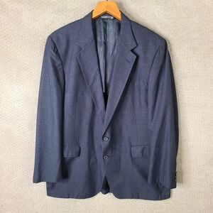 Vintage Christian Brooks Jacket Mens 46L Blue Plaid Blazer Two Button Wool Coat